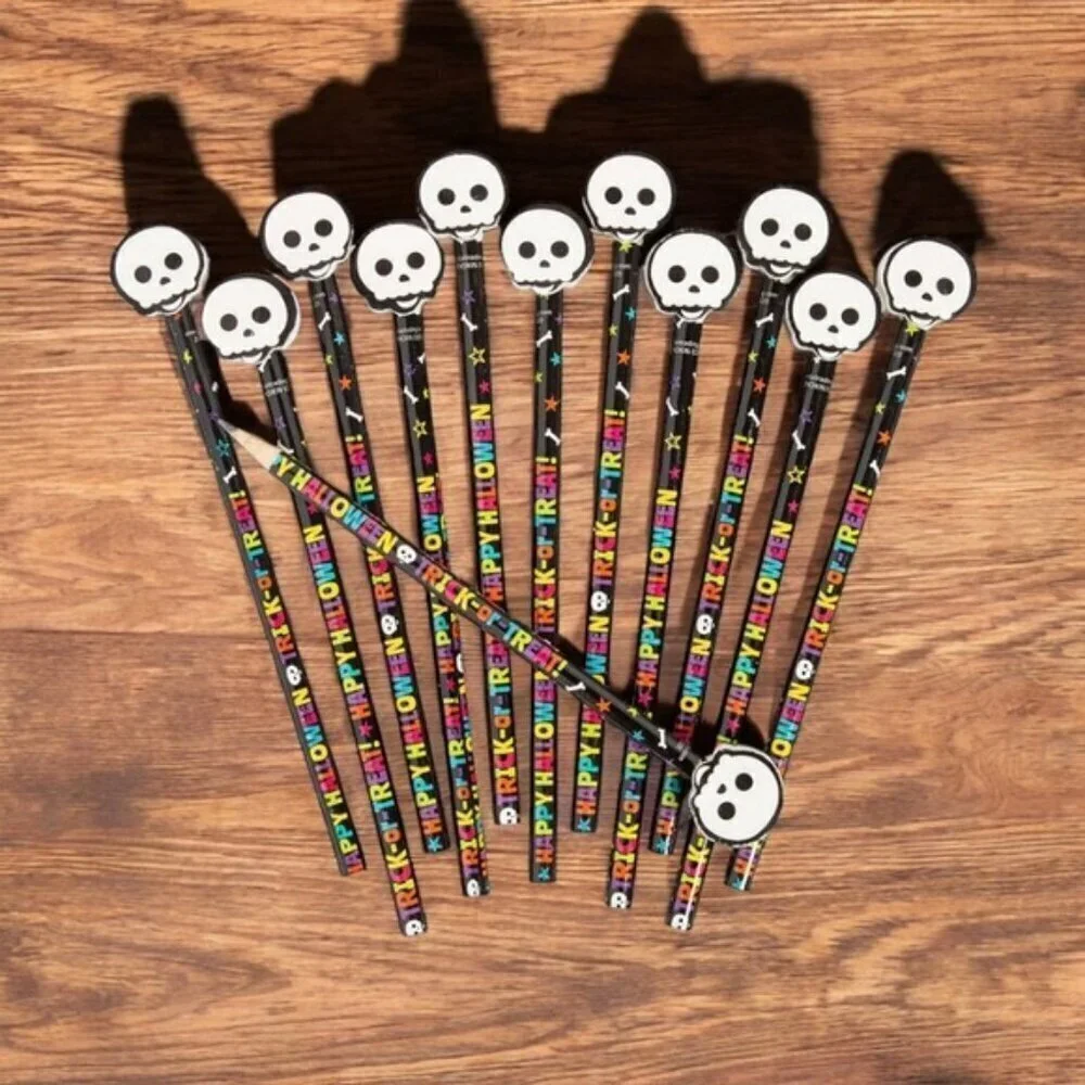 Halloween Trick-or-Treat Pencils with Skull Toppers - 12 Pc.